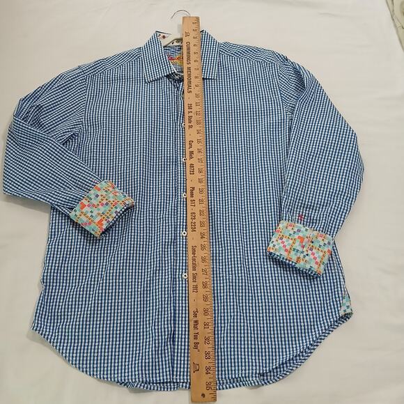 Robert Graham XL Flip Cuff Scrabble Tiles UNIQUE Blue/White Gingham Star Cotton - Picture 12 of 15